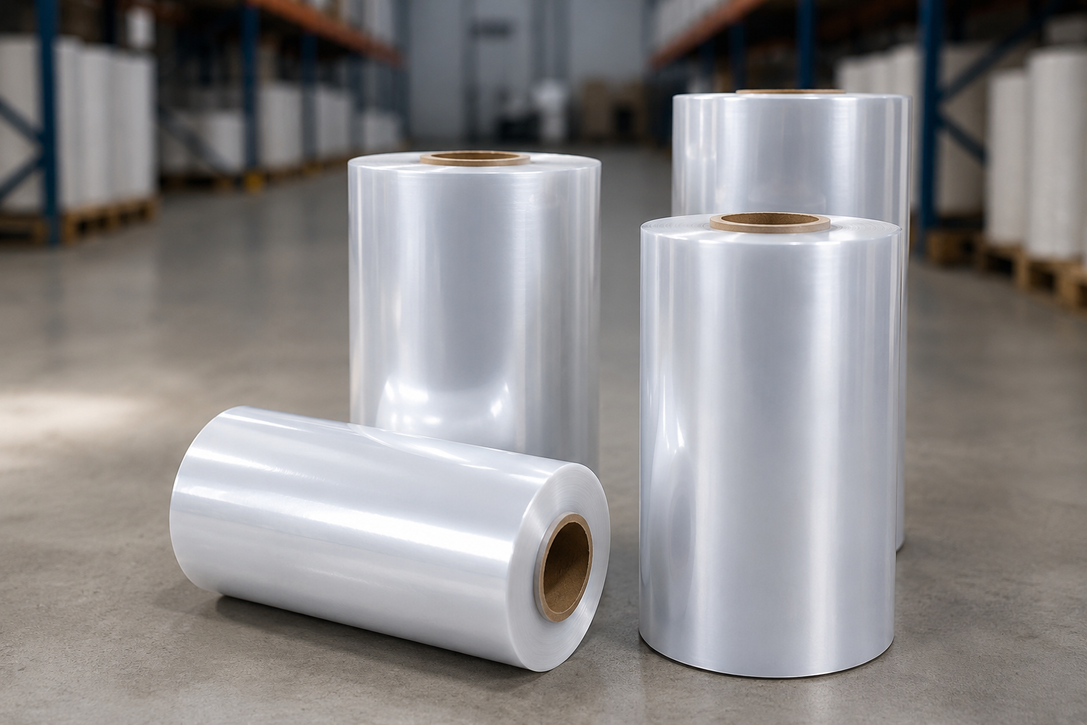 Industrial film rolls staged on a warehouse floor