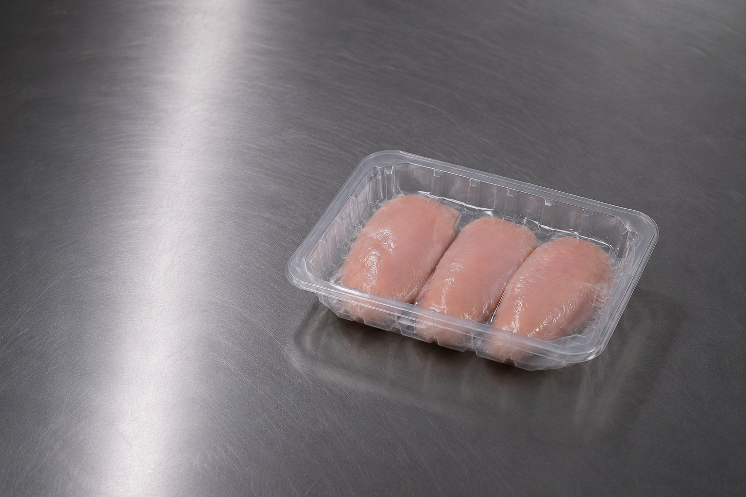 Chicken portions in a PET/EVOH/PE flowpack tray