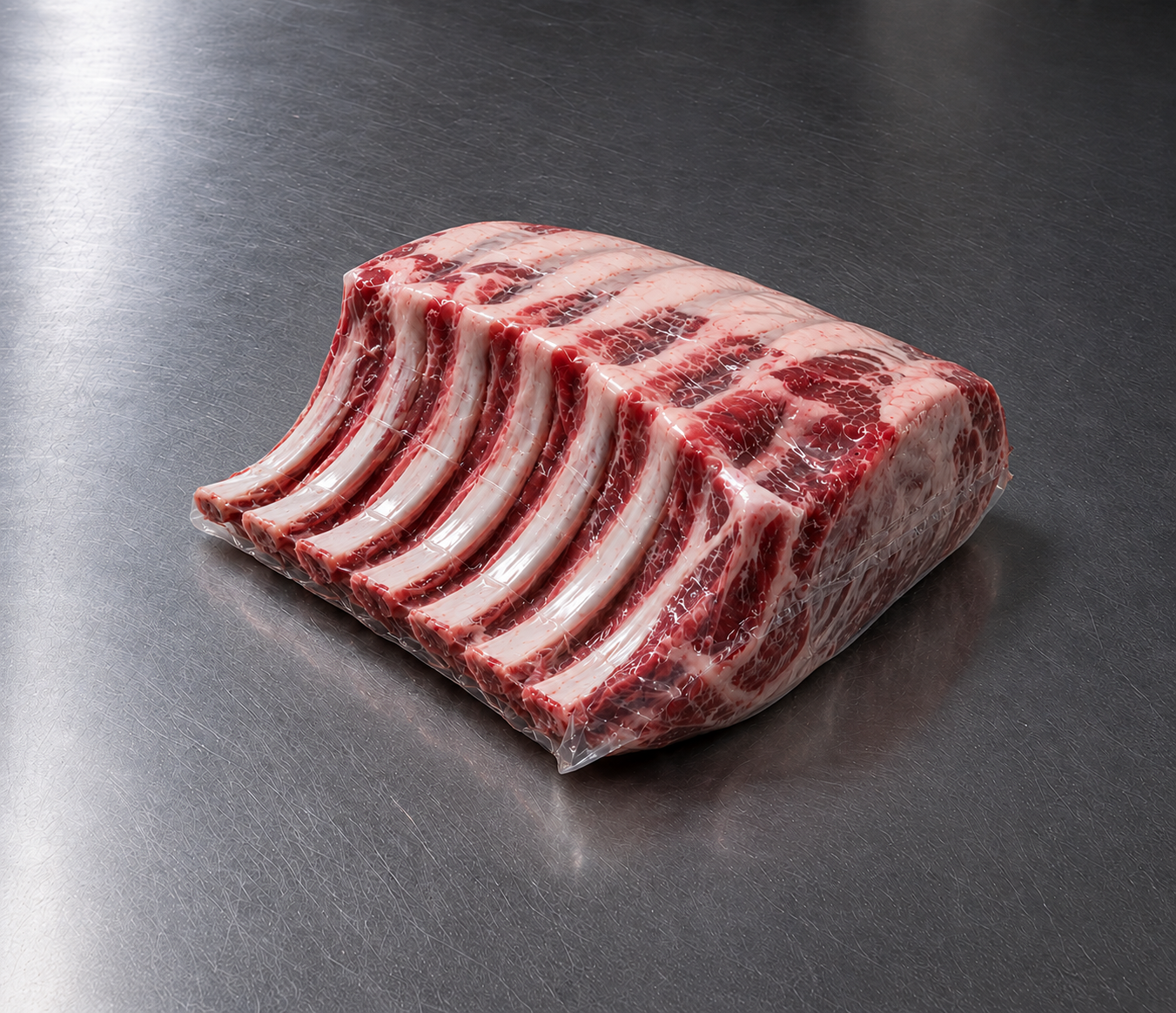 Rack of ribs vacuum-packed in a heat-shrinkable bag