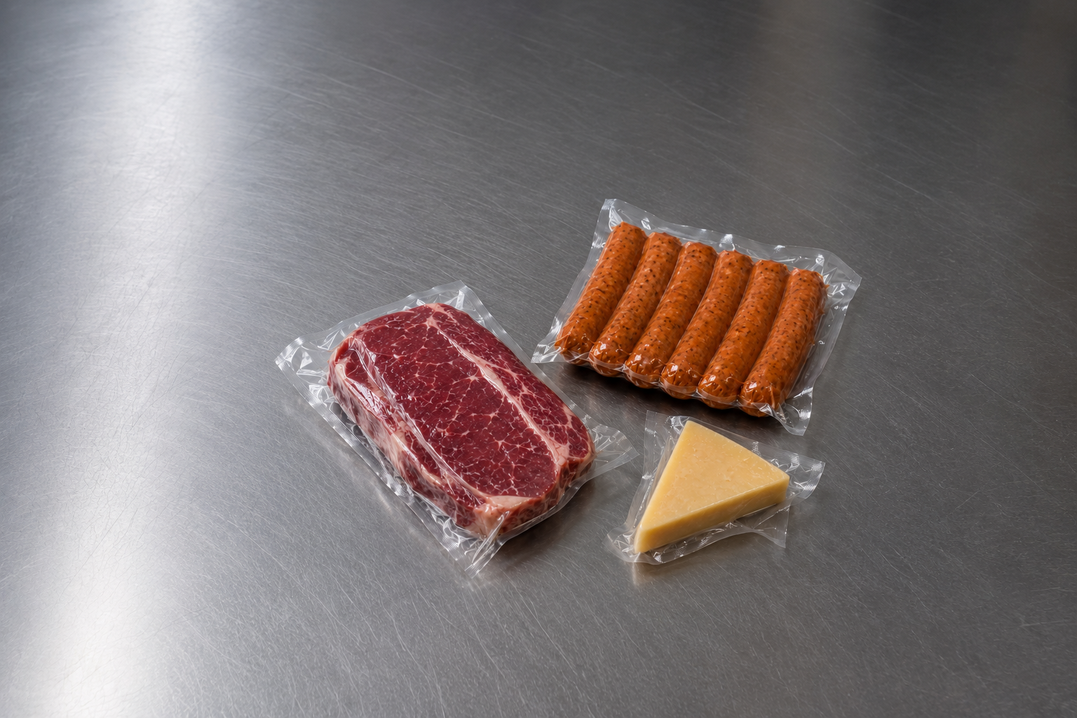 Assorted meat, sausages and cheese in vacuum-sealed PA/PE bags